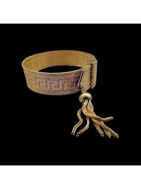 Art Deco Byzantine Greek Key Tassel Gold Tone Mesh Slide Bracelet